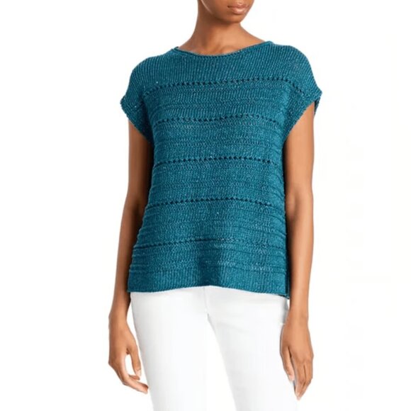 $498 Lafayette 148 Blue Teal Knit Metallic Cotton Seater size XXL - Picture 1 of 8
